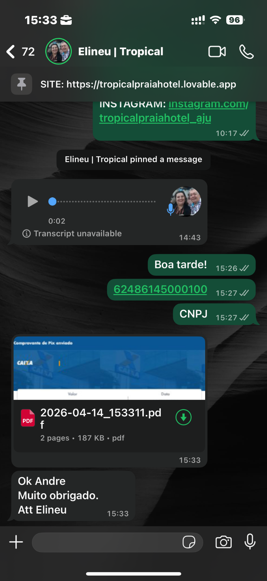 Elineu Tropical — Pix recebido